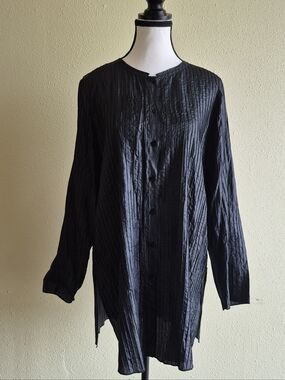 Eileen Fisher Silk Long Black Tunic Shirtdress Size Small